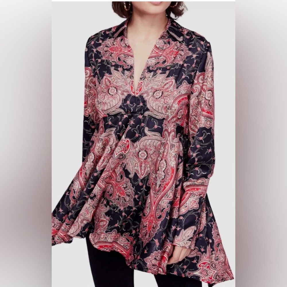 Free People Black and Red Paisley Top